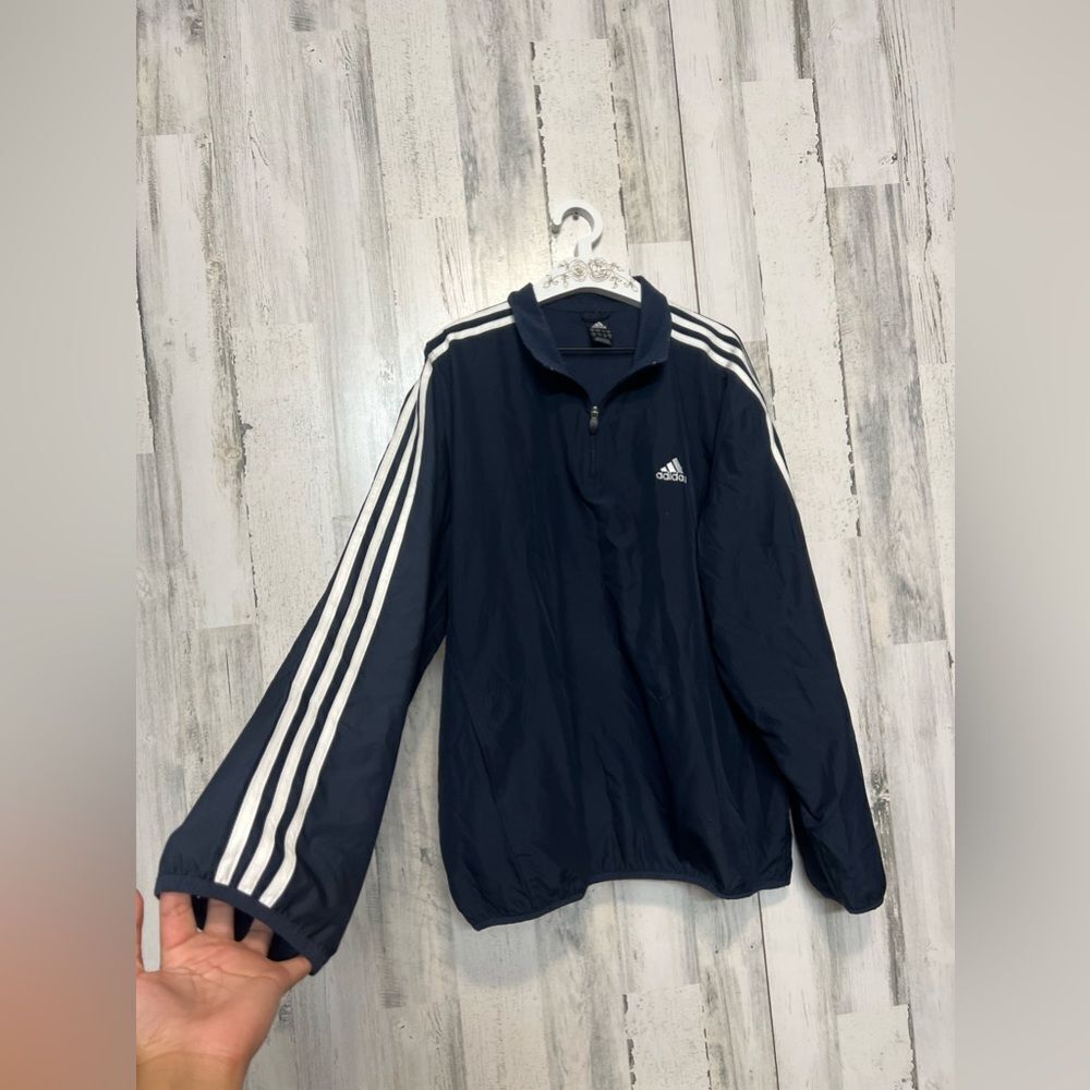 Adidas Navy 3-Stripe Quarter Zip Windbreaker Pullover Men’s Large